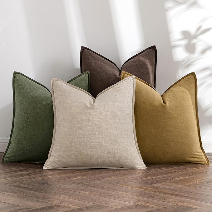 MIULEE Neutral Green/Brown Linen Pillow Covers Pack of 4 Decorative Natural Solid Throw Pillow Covers Soft Accent Boho Farmhouse Couch Pillowcases Spring Decors for Living Room Bed Sofa 20x20 Inch