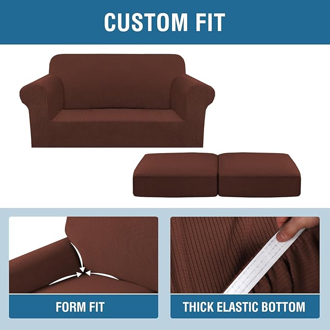 H.VERSAILTEX 3 Piece Stretch Sofa Covers for 2 Cushion Loveseat Couch Covers for Living Room Sofa Slipcovers (Base Cover Plus 2 Seat Cushion Covers) Thicker Jacquard Fabric (Medium Sofa, Burnt Brick)
