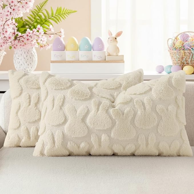 decorUhome Easter Bunny Pillow Covers 12x20 Inch Set of 2, Soft Plush Faux Wool Jacquard Beige Rabbit Cushion Covers, Farmhouse Neutral Spring Easter Holiday Decor for Couch Sofa Bed