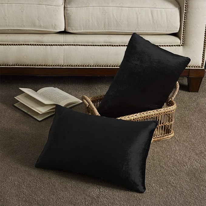 GIGIZAZA Black Velvet Pillow Covers 12x20,Decorative Lumbar Throw Pillows Modern Covers Small Solid Living Room Pillow Cases for Couch Pack of 2