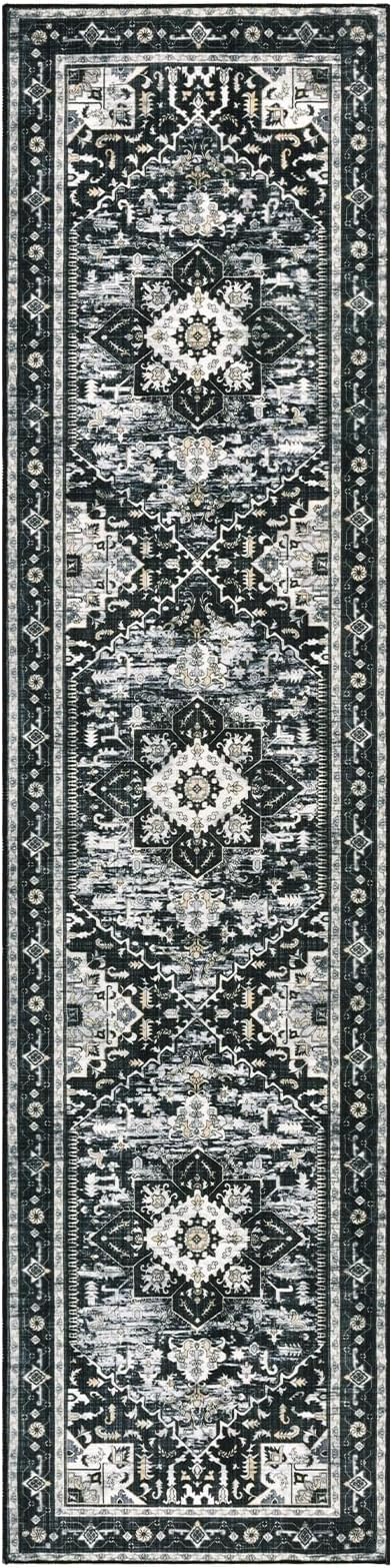Yamaziot Washable Runner Rug, 2x8 Non-Slip Boho Vintage Hallway Rug Runner with Rubber Backing, Stain Resistant & Low Pile Distressed Carpet Runner for Bedroom, Kitchen, Laundry, Entrance, Black