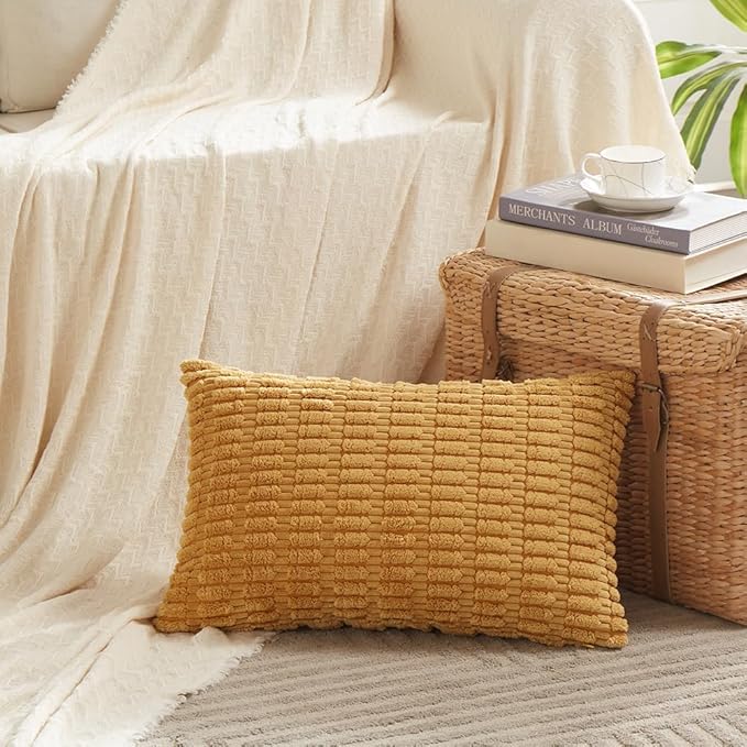 Fancy Homi 4 Packs Mustard Yellow Decorative Throw Pillow Covers 12x24 Inch for Living Room Couch Bed Sofa, Rustic Farmhouse Boho Home Decor, Soft Plush Striped Corduroy Square Cushion Case 30x60 cm