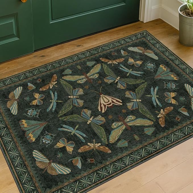 Hazo Haus 2x3 Entry Way Rugs Indoor - Dark Green Small Throw Rug for Kitchen, Bathroom, Insect Boho Design, Washable Non Slip Stain Resistant