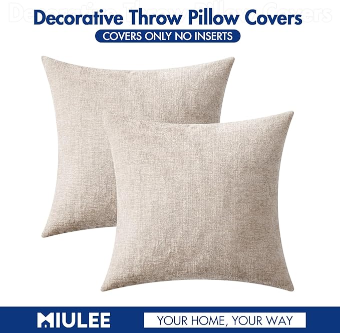 MIULEE Pack of 2 Couch Throw Pillow Covers 20x20 Inch Soft Light Brown Chenille Pillow Covers for Sofa Living Room Solid Dyed Pillow Cases