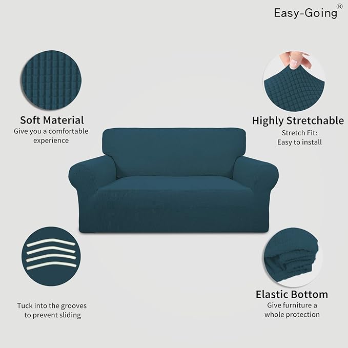 Easy-Going Stretch Loveseat Slipcover 1-Piece Sofa Cover Furniture Protector Couch Soft with Elastic Bottom for Kids Polyester Spandex Jacquard Fabric Small Checks (Loveseat, Deep Teal)