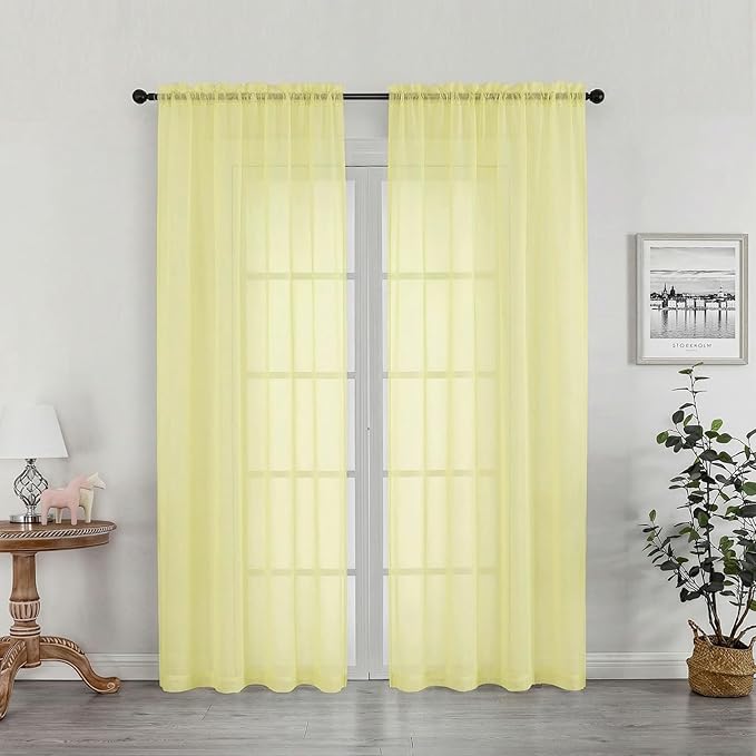 OWENIE Sheer Curtains 72 Inches Long 2 Panels Set, Modern Light Filtering Sheer Curtain Rod Pocket Clear Drapes for Window Sliding Door, Light Yellow, 2 Pcs Each 42 x 72 Inch