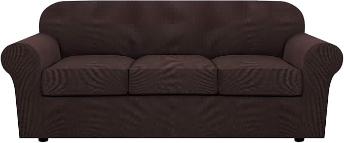 H.VERSAILTEX 4 Piece Stretch Sofa Covers for 3 Cushion Couch Covers for Living Room Furniture Slipcovers (Base Cover Plus 3 Seat Cushion Covers) Upgraded Thicker Jacquard Fabric (Sofa, Chocolate)