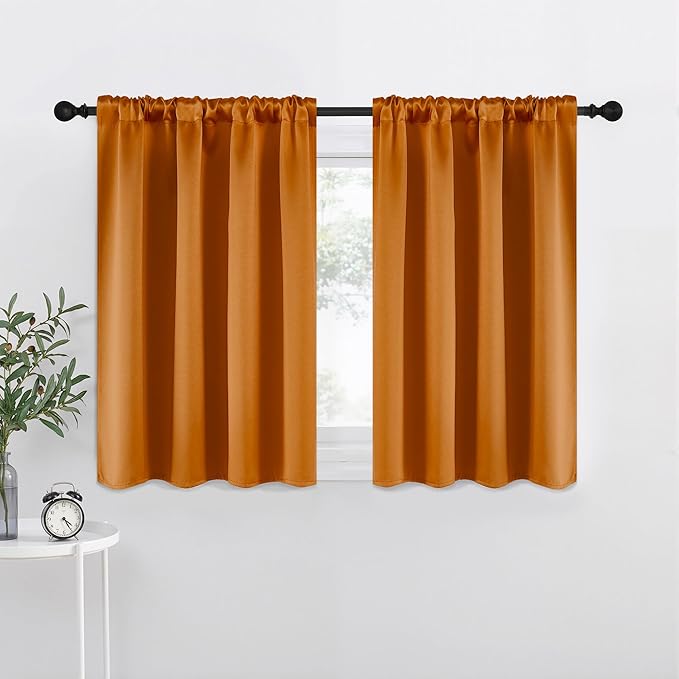 NICETOWN Room Darkening Cafe Satin Curtains for Small Windows, 42" Wide by 36" Long, 2 Panels, Orange, Rod Pocket Privacy Faux Silk Blackout Drapes for Kitchen