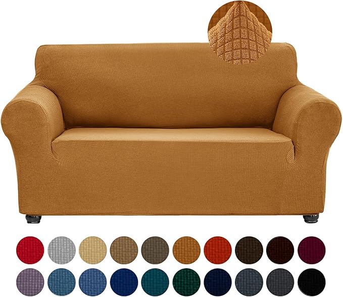 Joccun Stretch Loveseat Couch Cover Slipcover, 1-Piece Sofa Cover for 2 Cushion Couch Spandex Jacquard Washable Furniture Protector Cover for Living Room,Kids,Pets（Loveseat,Gold）