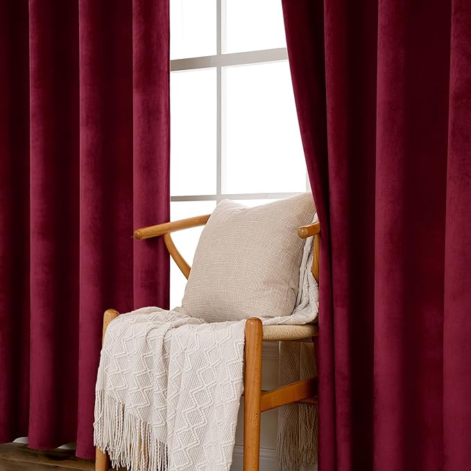 MIULEE Christmas Burgundy Velvet Curtains Solid Soft Red Blackout Curtain Grommet Top Thermal Soundproof Room Darkening Curtains/Drapes/Panels for Living Room Bedroom 52 x 90 Inch 2 Panels
