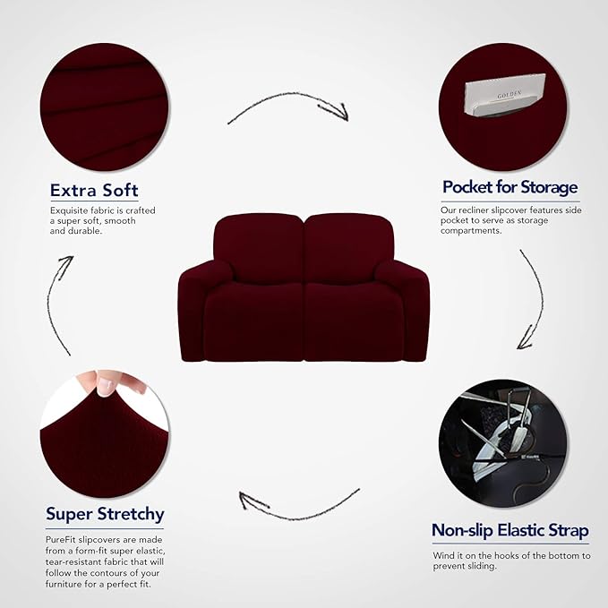 PureFit Super Stretch Loveseat Recliner Sofa Couch Cover with Pocket – 2 Seats Non Slip Soft Sofa Slipcover, Washable Reclining Furniture Protector for Kids, Pets (Recliner Loveseat, Wine)