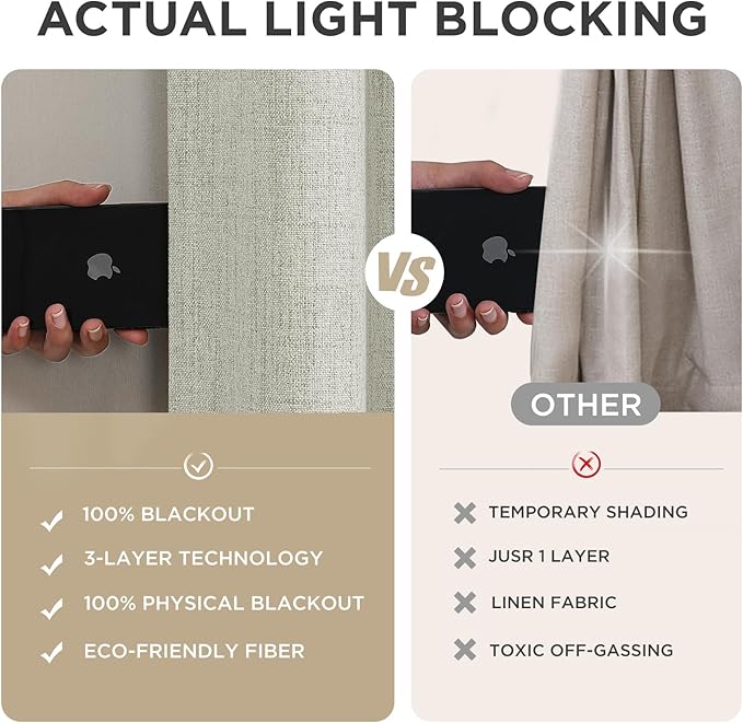 Joydeco Blackout Curtains for Bedroom - 100% Light Blocking 2 Panels Light Beige Drapes 42"W x 84"L, Thermal Insulated Room Darkening Curtains, Linen Textured for Living Room, Rod Pocket & Back Tabs