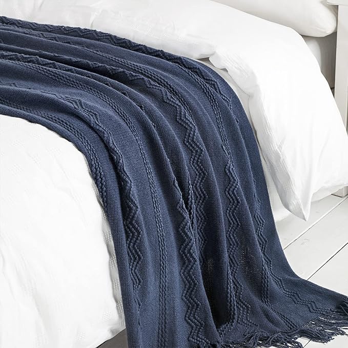 BOURINA Navy Throw Blanket 50x60 Inches Throw Textured Solid Soft Sofa Throw Couch Cover Knitted Decorative Blanket