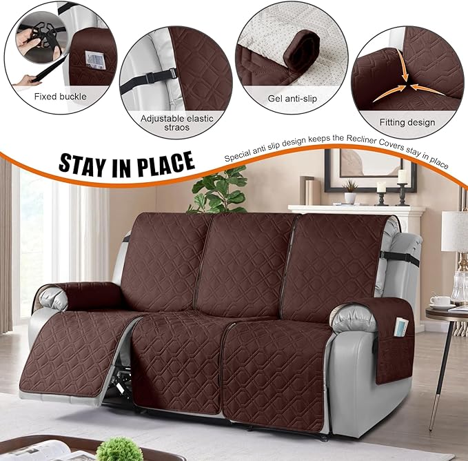 VANSOFY Waterproof Recliner Couch Covers, Sofa Covers 1-Piece Washable Reclining Sofa Cover Non-Slip Furniture Protector with Elastic Straps Pocket for Dogs, Pets(Coffee,3 Seater)