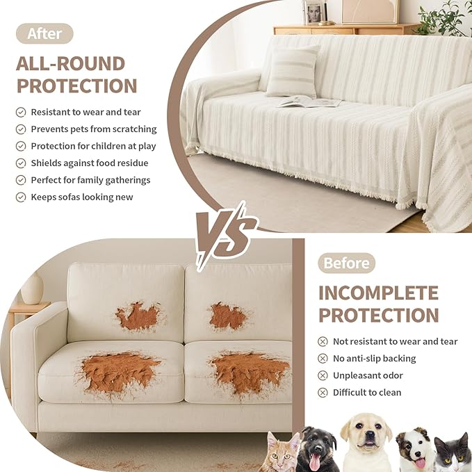 Couch Cover for Dogs, Boho Sofa Covers for 3 Cushion Couch, Chenille Sofa Slipcover for Pets Washable, L-Shape Sectional Loveseat Cover Soft Throw Blankets with Tassels(71x118,Striped Beige)