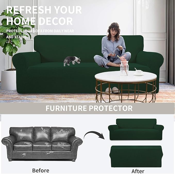 Easy-Going Stretch Oversized Chair Sofa Slipcover 1-Piece Couch Sofa Cover Furniture Protector Soft with Elastic Bottom for Kids Spandex Jacquard Fabric Small Checks Dark Green