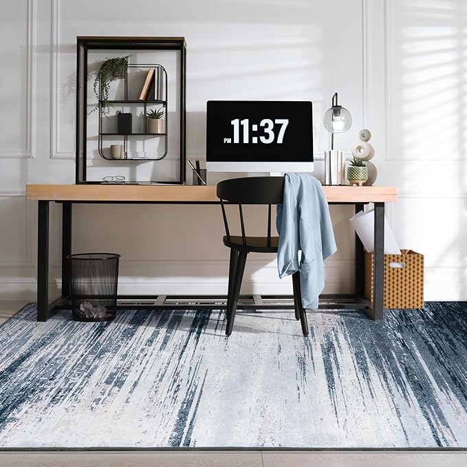 Rugflix 9x12 Large Area Rug, Washable Rug for Living Room, Non Slip, Soft Low Pile, Modern Abstract Blue Grey Indoor Carpet for Bedroom, Dining Room, Home Office, Large Room