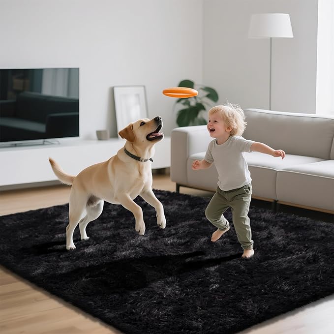 9X12 Large Shag Area Rugs for Living Room Bedroom,Big Soft Fluffy Rug for Bedroom Dorm, Indoor Carpet Nursery Rugs for Kids Girls Room Home Decor (Black, 9X12 Feet)