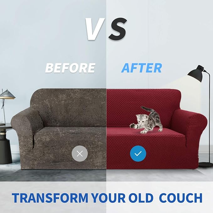 ZNSAYOTX 1 Piece Jacquard Couch Covers for 2 Cushion Couch High Stretch Loveseat Slipcover for Pets Dogs Anti Slip Love Seat Sofa Slipcover Furniture Protector (Loveseat, Wine Red)