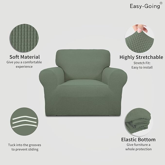Easy-Going Stretch Chair Sofa Slipcover 1-Piece Couch Sofa Cover Furniture Protector Soft with Elastic Bottom for Kids, Pet. Spandex Jacquard Fabric Small Checks (Chair, Greyish Green)