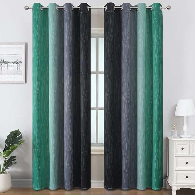 Estelar Textiler Black and Green Ombre Blackout Curtains 90 Inch Length for Living Room, Room Darkening Grommet Gradient Thermal Insulated Drapes for Bedroom,52Wx90L Inches, 2 Panels
