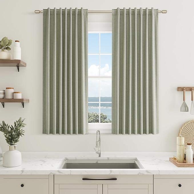 Sage Green 100% Blackout Curtains 45 Inch Length 2 Panels Set for Living Room Bedroom Back Tab Thermal Insulated Black Out Linen Drapes Room Darkening Window Curtains 52x45