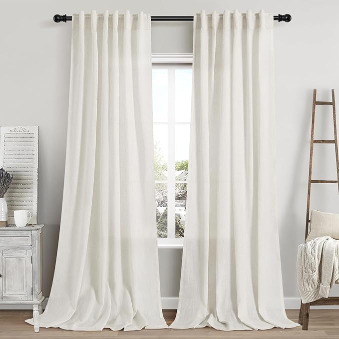 Cream Linen Curtains 108 Inches Long 2 Panels Set Back Tab Rod Pocket Semi Sheer Cotton Textured Light Filtering Extra Long Curtain Farmhouse High Ceiling Curtains for Living Room 9Ft 42x108