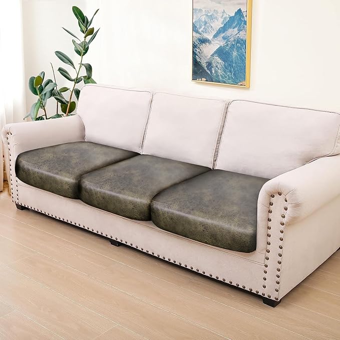 Leather Look Couch Cushion Covers Sofa Seat Slipcovers Sets Couches Furniture Protector for Sectional Armchair Loveseat Pets Kids Stretch Polyester & Spandex Fabric (3 Cushion Sofa, Yellow)