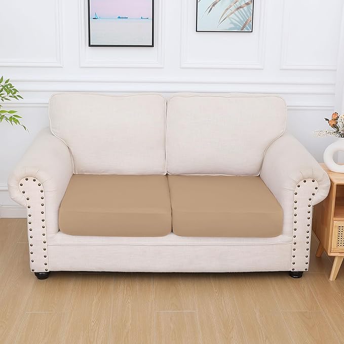hyha Milk Silk Couch Cushion Covers, Soft Magic Sofa Covers Washable for 2 Cushion Couch, Stretch Sectional Outdoor Cushion Covers for Patio Furniture with Elastic Bottom(2 Packs, Camel)