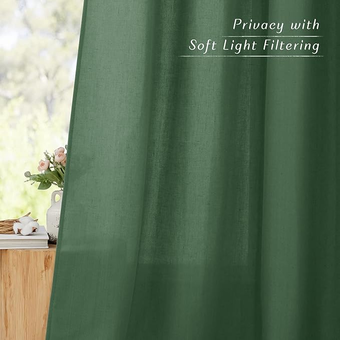 NICETOWN Thick Linen Curtains & Drapes Semi Sheer for Living Room 96 inch Length, Grommet Linen Blend Privacy with Light Filter for Home Office/Farm House, W55 x L96, Olive Green, 1 Pair