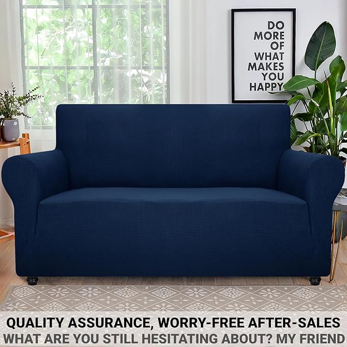 ZNSAYOTX Super Stretch Couch Cover Love Seat Sofa Covers for Living Room Dogs Pet Friendly Furniture Protector Spandex Loveseat Slipcovers with Anti Slip Foam Sticks (Navy Blue, Loveseat)