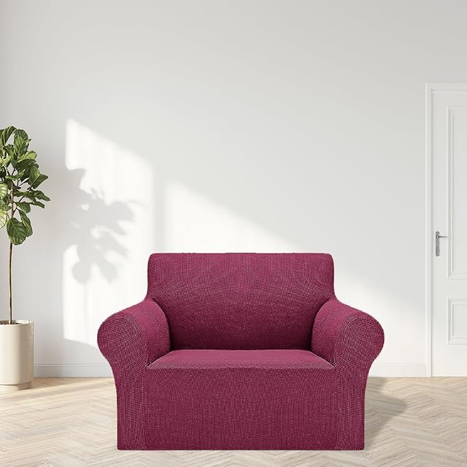 Cupuamon 2026 New Stretch Chair Sofa Slipcovers Couch Cover for 1 Seater Furniture Protector Sofa Covers with Elastic Bottom Jacquard Fabric Small Checks for Pets, Kids - Wine