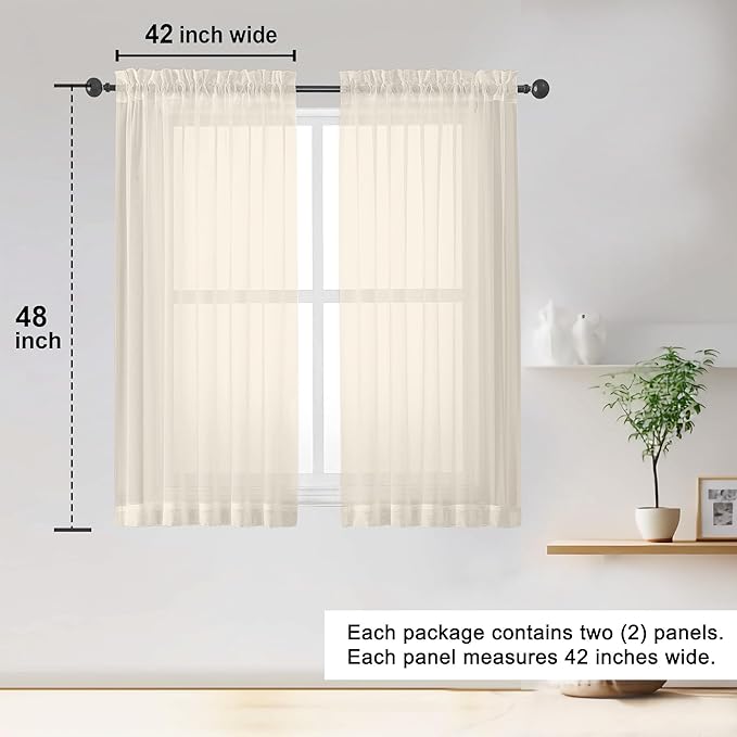 OWENIE Sheer Cream Curtains 84 Inch Length 2 Panels Set for Living Room Bedroom, Rod Pocket Voile Sheer Panel Drapes, Cream, 2pcs, Each 42" W x 48" L