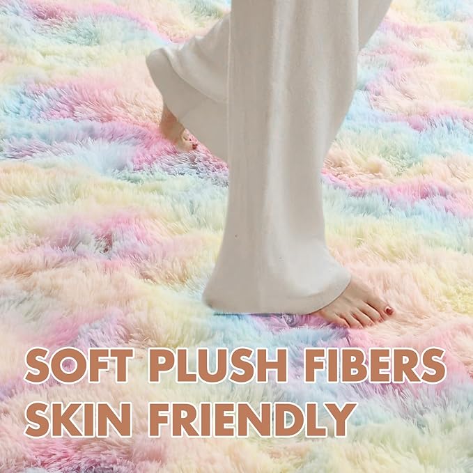6x9 Ft Large Shag Kids Colorful Rug for Living Room, Ultra Soft Fluffy Furry Area Rugs for Nursery Bedroom Indoor Floor, Girls Aesthetic Carpet Home Decor (Rainbow)