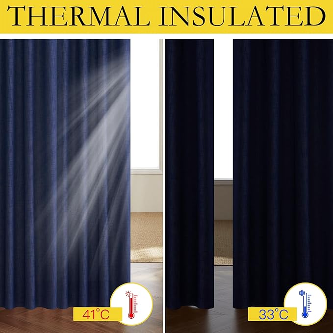 NICETOWN 100% Absolutely Blackout Linen Curtains with Thermal Insulated White Liner, Dark Blue, W52, 2 Pieces, Noise Reducing Textured Linen Look Curtains for Windows 108 inch Length for Classroom