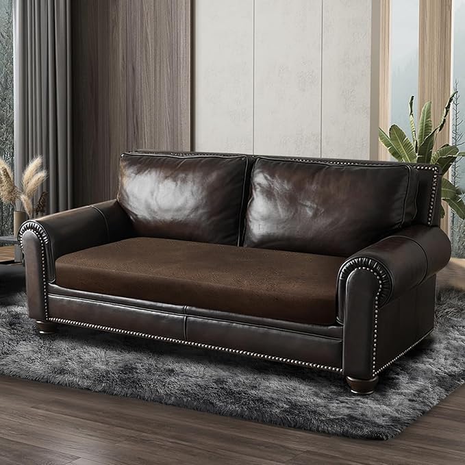 Leather Look Couch Cushion Covers Sofa Seat Slipcovers Sets Couches Furniture Protector for Sectional Armchair Loveseat Pets Kids Stretch Spandex Fabric (1 Cushion Loveseat, Brown)