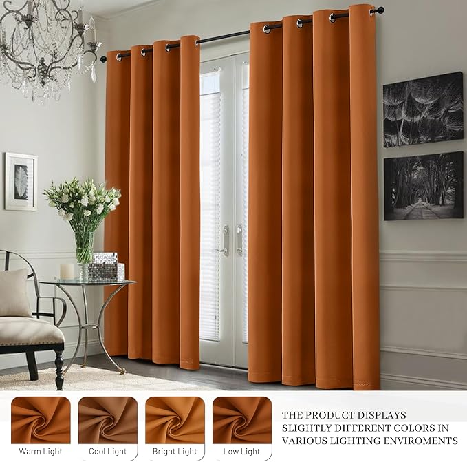 Yakamok 100% Blackout Curtain Panels 63 inches Cold and Light Blocking Drapes for Nursery, 2 Thick Layers Thermal Insulated Draperies (2 Pieces, 50 Wide Each Panel, Burnt Orange/White Backing)