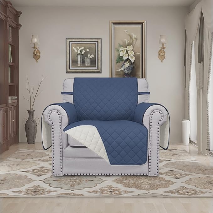 Easy-Going Chair Sofa Slipcover Reversible Sofa Cover Water Resistant Couch Cover Furniture Protector Cover with Elastic Straps for Pets Children Dog Cat (Chair, Dark Blue/Ivory)