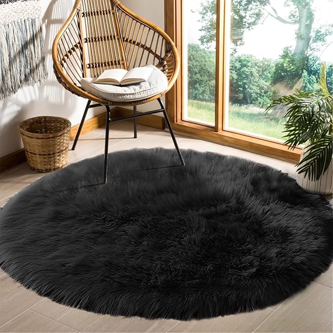 Goolela Black Round Area Rug 6ft Fluffy Fuzzy Circle Rug for Bedroom Living Room Faux Sheepskin Fur Plush Shaggy Washable