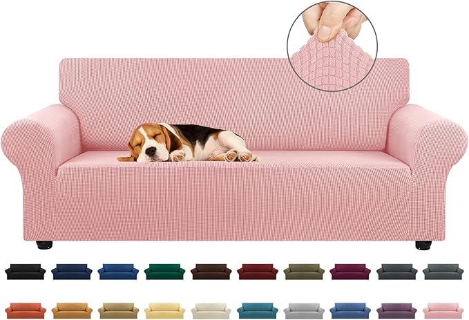 KEKUOU Stretch Sofa Cover Slipcover ，Couch Covers for 3 Cushion Couch Sofa pet Friendly (78"-94") Furniture Protector Sofa with Elastic Bottom for Kids,Dog, Jacquard Small Checked(Large,Dusty Pink)