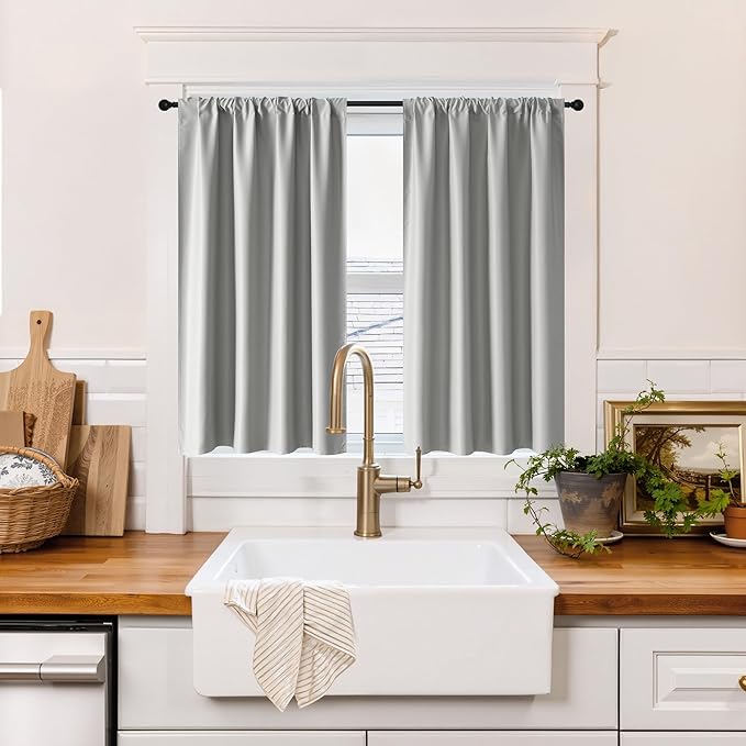 RYB HOME 100% Blackout Short Curtains for Small Window, Thermal Insulated Total Room Darkening Noise Reducing Curtains for Kitchen Bathroom Basement, 42 inches Wide by 45 inches Long, Silver Grey