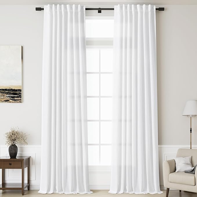 Nanspring White Linen Curtains Extra Long Back Tab Curtains 133 Inches Long for Living Room Semi Sheer Light Filtering Linen Drapes Ceiling to Floor for Large Window Farmhouse 2 Panels Set 52x133