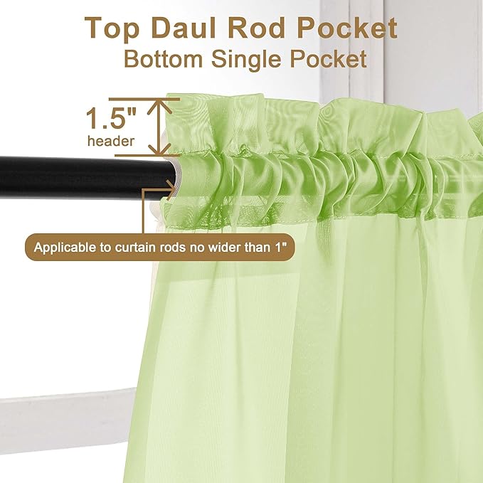 Chyhomenyc Sheer Curtains 63 Inch Length 2 Panels Set, Light Filtering Rod Pocket Window Curtain Treatment Drapes for Bedroom Living Room, Each 42Wx63L, Set of 2, Lime