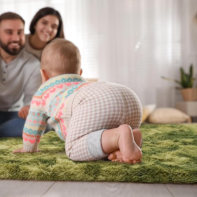 Goideal Fluffy Rug for Bedroom Living Room, 5x7 Green Area Rugs, Faux Fur Shag Modern Carpet Ultra Soft Girls Boys Room Home Decor, Tie-Dyed