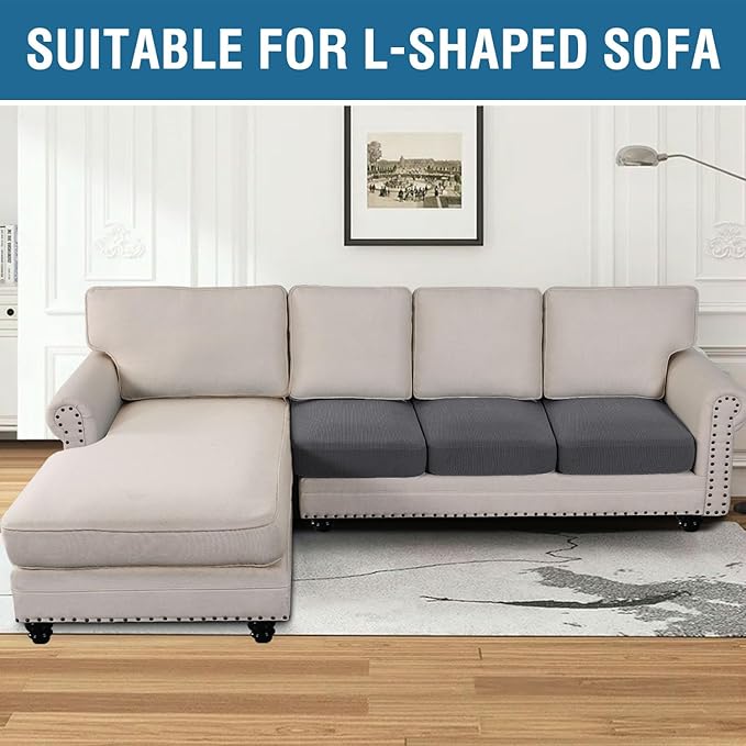 H.VERSAILTEX Super Stretch Individual Seat Cushion Covers Sofa Covers Couch Cushion Cover Slipcover Sets Thick Jacquard Textured Twill Fabric (3 Piece Sofa Cushion Covers, Grey) (Pack of 2)