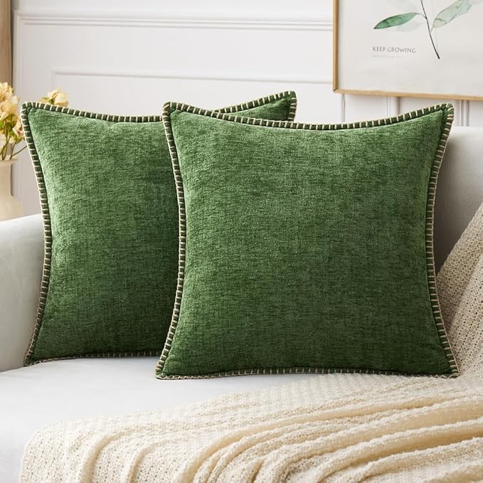 MIULEE Pack of 2 Christmas Pillow Covers 16x16 Inch Moss Green Farmhouse Decorative Throw Pillow Covers with Stitched Edge Soft Chenille Solid Dyed Couch Pillow Covers for Sofa Bed Living Room