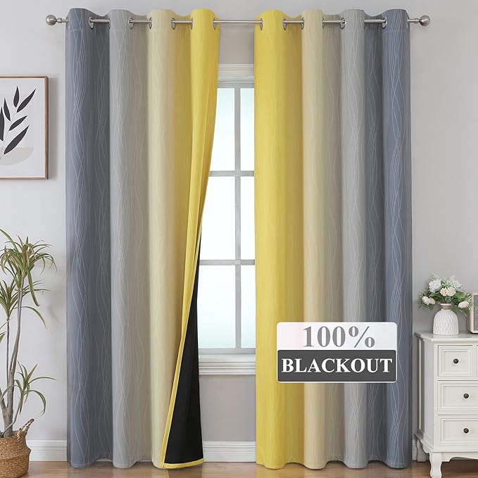 Estelar Textiler Yellow and Gray Blackout Curtains 96 Inches Long, Ombre Thermal Insulated Gradient Window Drapes for Bedroom, Full Light Blocking Curtains for Living Room,52x96 Inch, 2 Panels