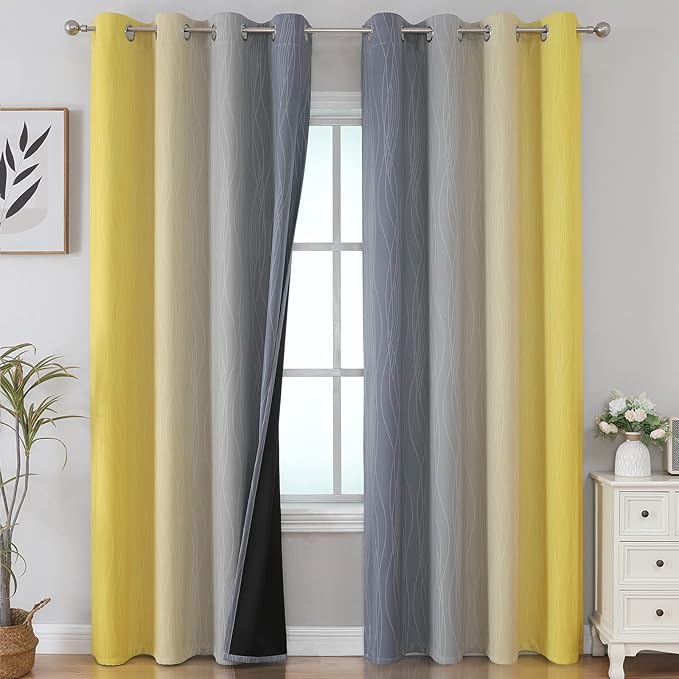 Estelar Textiler Yellow and Grey Ombre Blackout Curtains 90 Inch Length 2 Panels Set, Thermal Insulated Drapes for Bedroom, Full Room Darkening Grommet Gradient Curtains for Living Room,52Wx90L