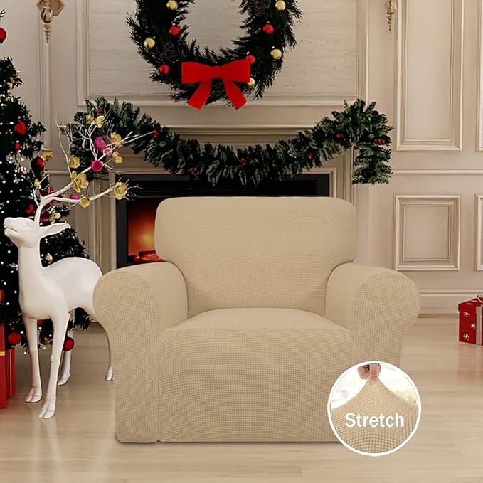 Easy-Going Stretch Chair Sofa Slipcover 1-Piece Couch Sofa Cover Furniture Protector Soft with Elastic Bottom for Kids, Pet. Spandex Jacquard Fabric Small Checks (Chair, Sand)