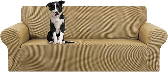 KEKUOU Stretch Oversized Sofa Slipcover 1 Piece Couch Sofa Cover (94"-110") Furniture Protector 4 Seater Sofa with Elastic Bottom for Kids,Pet.Jacquard Checked Pattern Fabric(X Large,Tan)